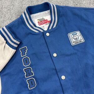 VTG Mens Racing Champions Ford Mustang Letterman Jacket Blue Gray Size Large